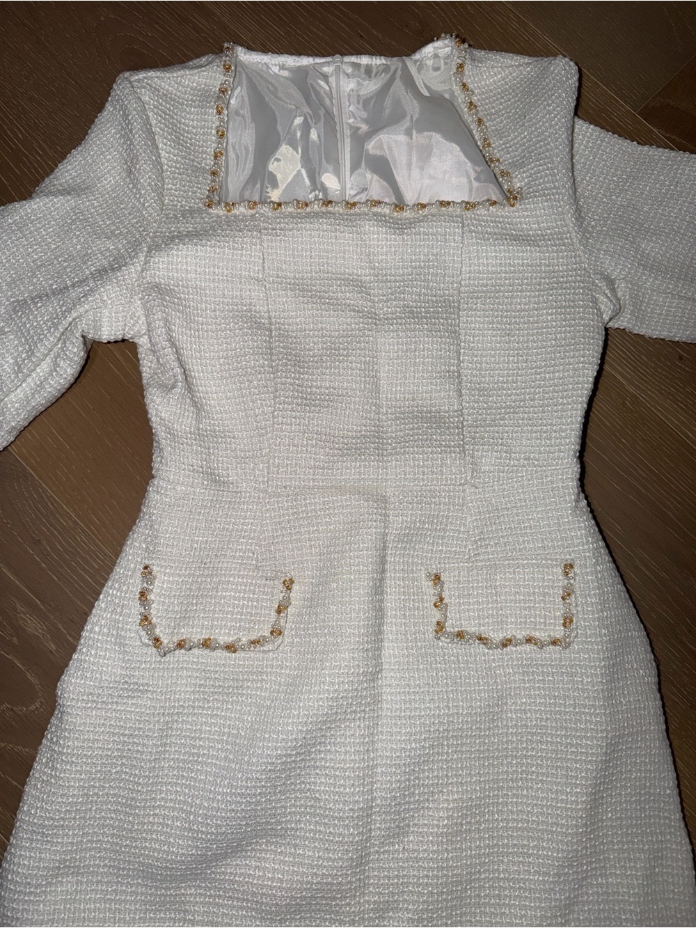 Textured Ivory Long Sleeve Mini Dress with Trim - Picture 2 of 3